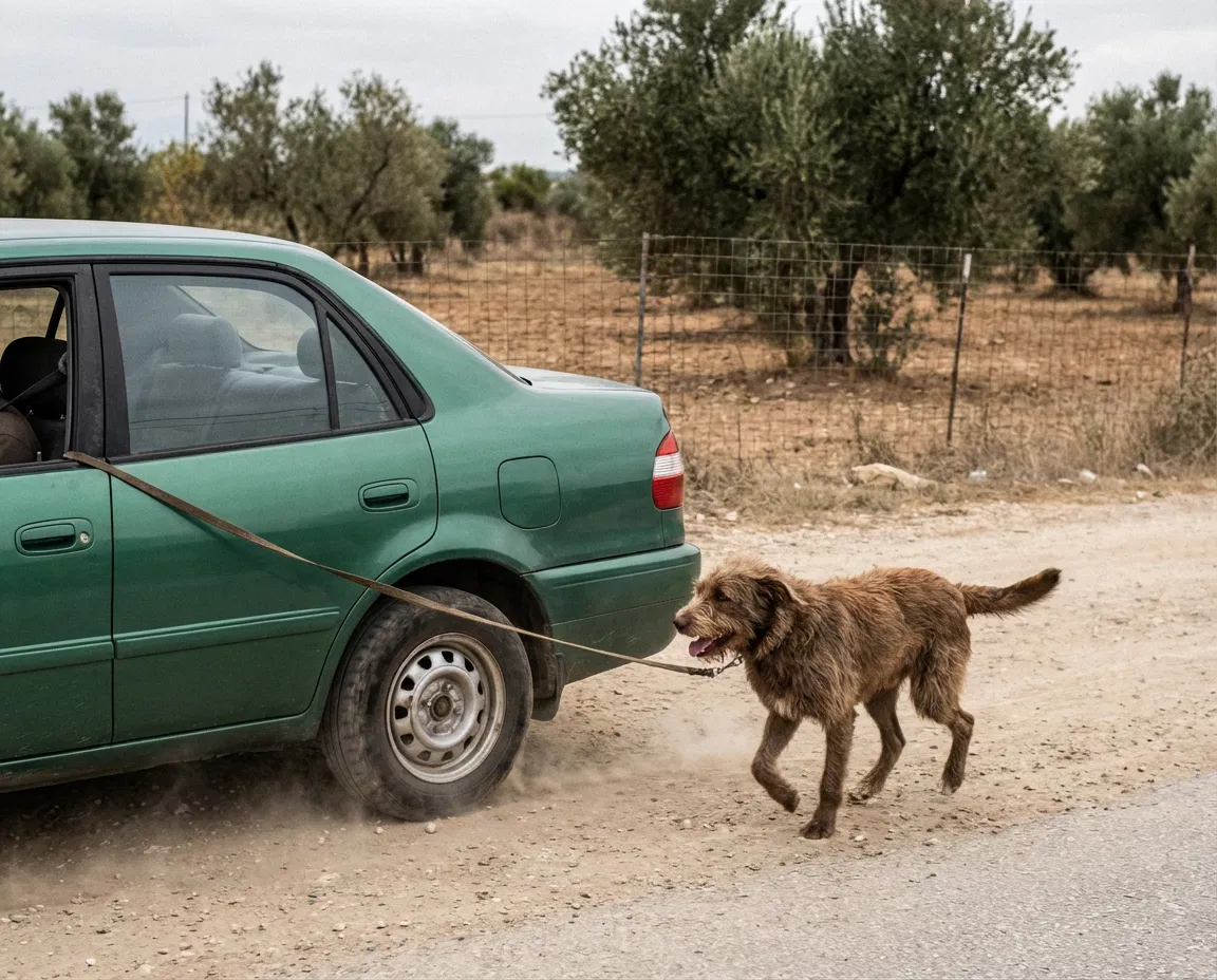 Car driving beside a dog held on a leash from inside the vehicle