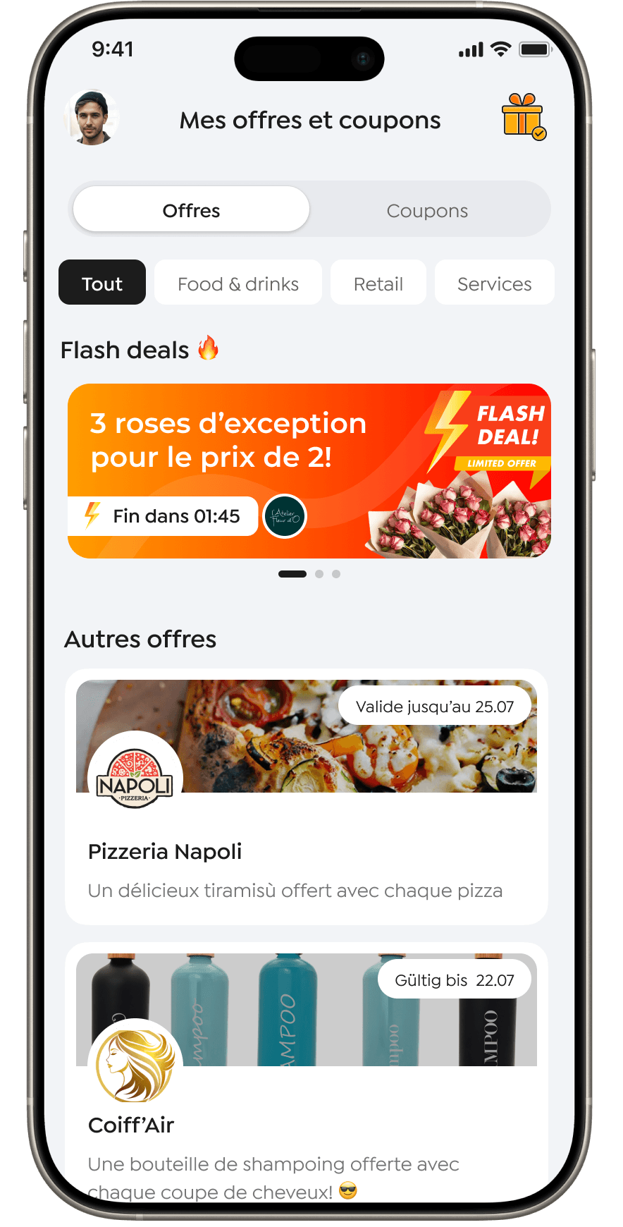 Écran de l'application mobile affichant les offres de coupons PimPay avec 10 % de réduction chez Napoli Pizzeria