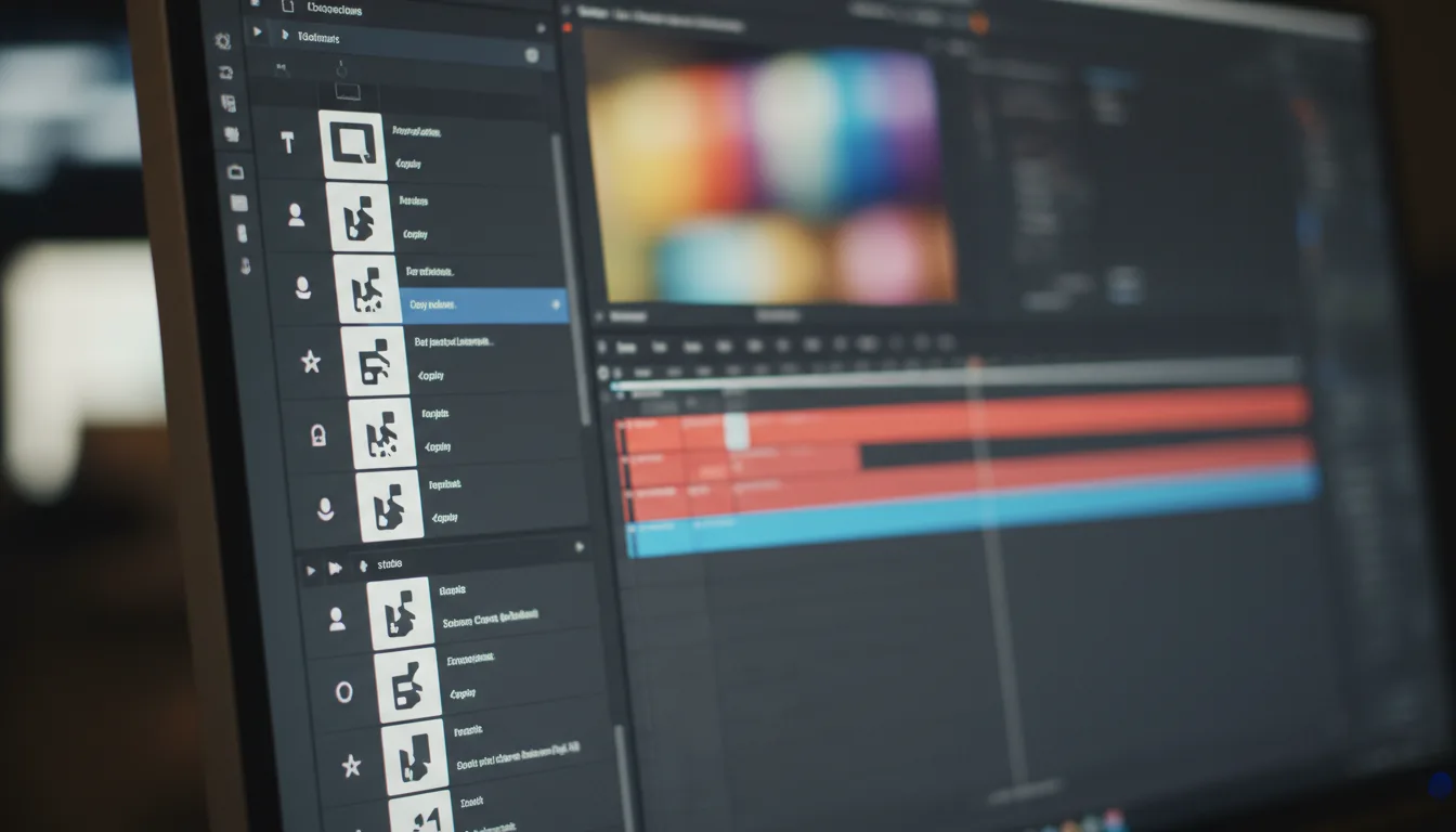 DSLR photograph of a computer screen at an angle, showing the DaVinci Resolve software interface in a Modern Dark Mode. A complex vertical layer panel with icons and abstracted text lines is in sharp focus on the left, while the timeline to the right with red and blue UI elements blurs into a soft bokeh background. Shallow depth of field with soft, ambient lighting.