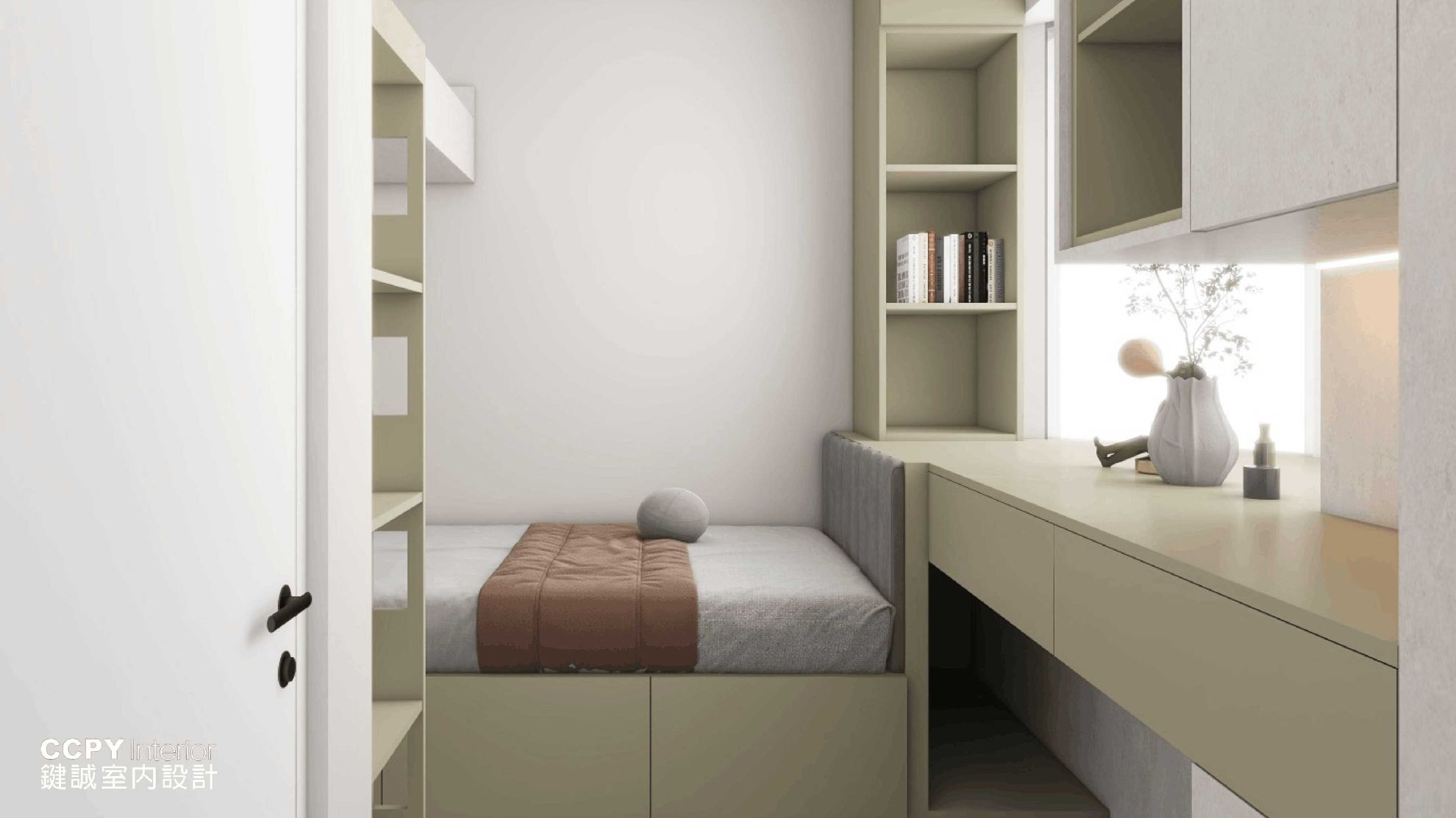 Minimalist bedroom with bed and desk.