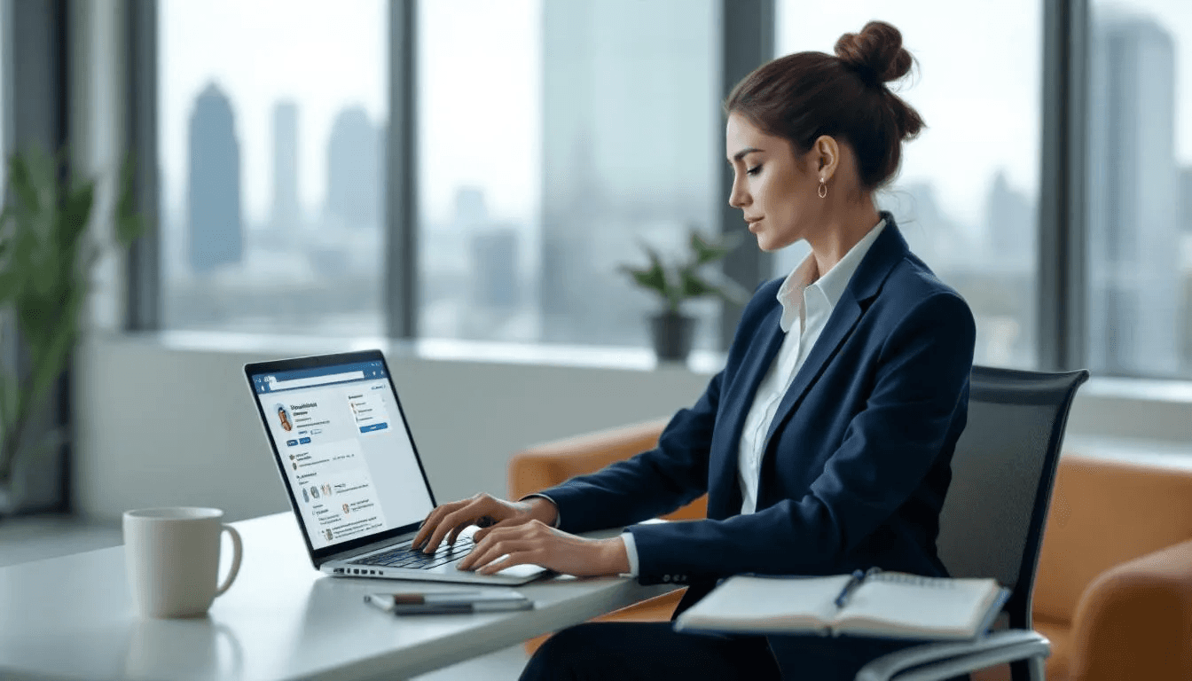 A professional person is seated at a desk, working intently on a laptop with the LinkedIn interface visible on the screen, emphasizing the importance of personal branding and professional growth in their career journey. The setting highlights the blend of personal development and online networking as they navigate their path to success.