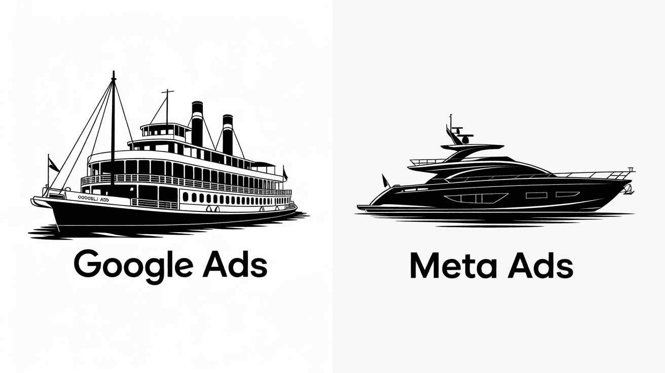 A bundle of black solid fill silhouette designs on white background, first design is a vintage double-decker steamboat with text "GOOGLE ADS" with paddle wheel smokestacks and passenger decks on river, second design is a modern yacht with text "META ADS"