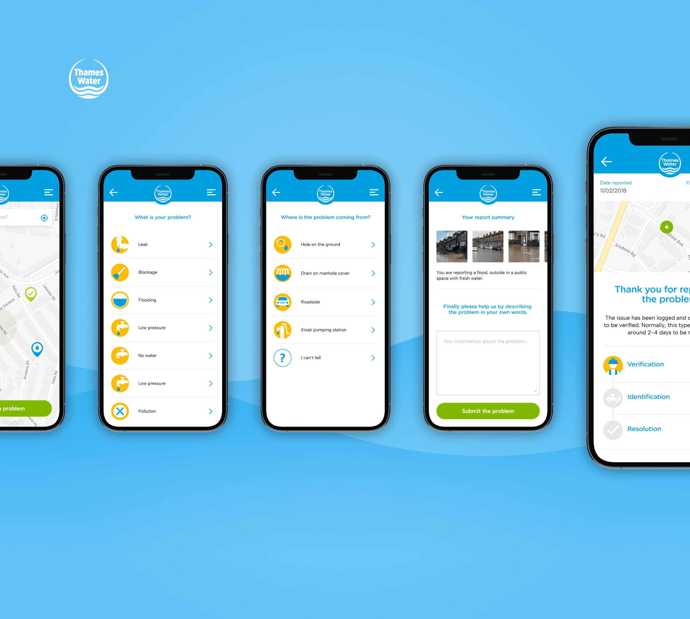 Project tile for Thames Water showing several mobile screens of the redesigned “Report a Problem” experience. The screens display clear iconography and step-by-step flows for selecting the type and location of a water issue, submitting a report and viewing confirmation details.