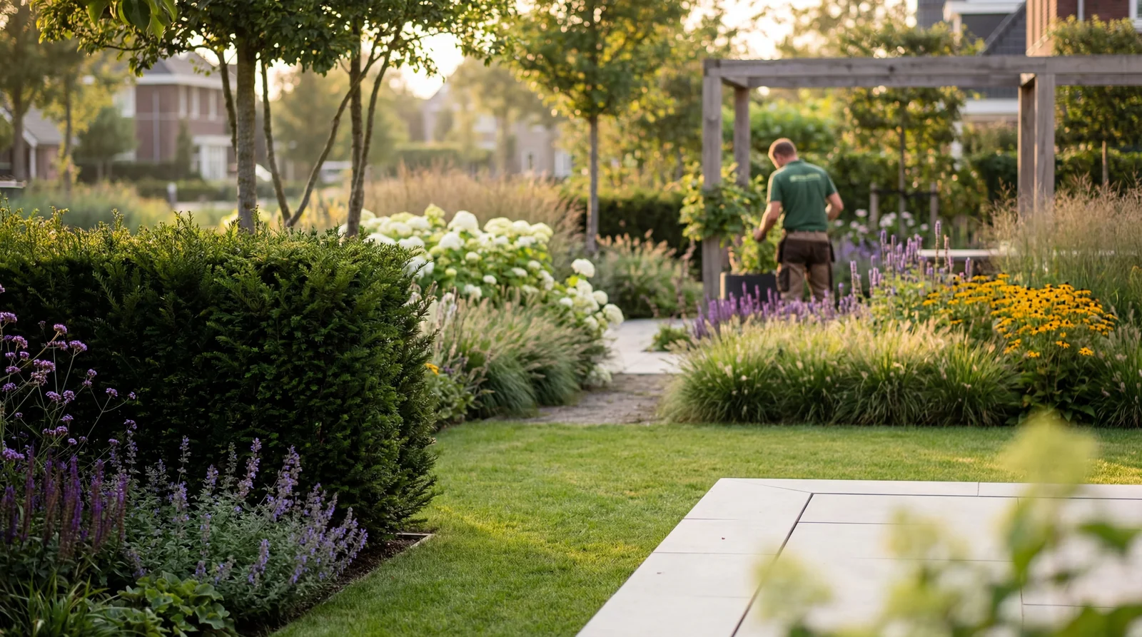 Hovenier werkt in een verzorgde tuin met diverse planten in zonlicht.