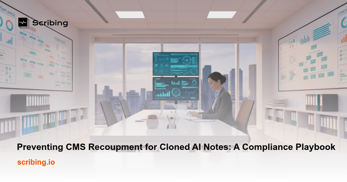Illustration representing healthcare compliance review of AI-generated clinical documentation to prevent CMS recoupment