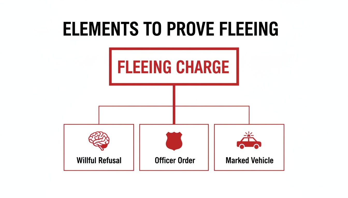 Diagram illustrating the three key elements required to prove a fleeing charge: willful refusal, officer order, and marked vehicle.