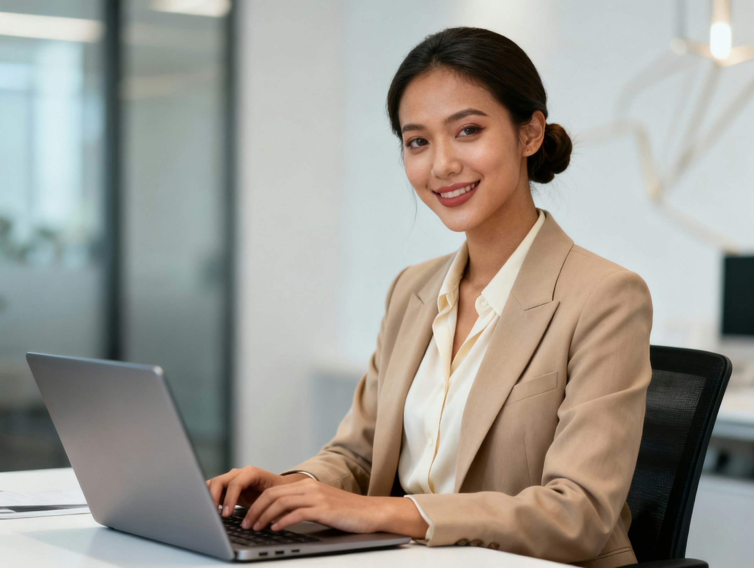 Professional woman in a beige blazer working on a laptop in a modern office setting, exuding confidence and approachability.