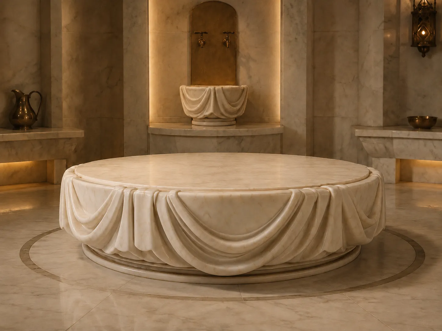 Sculptural circular marble göbek taşı with draped stone carvings in a warm contemporary Turkish hammam interior