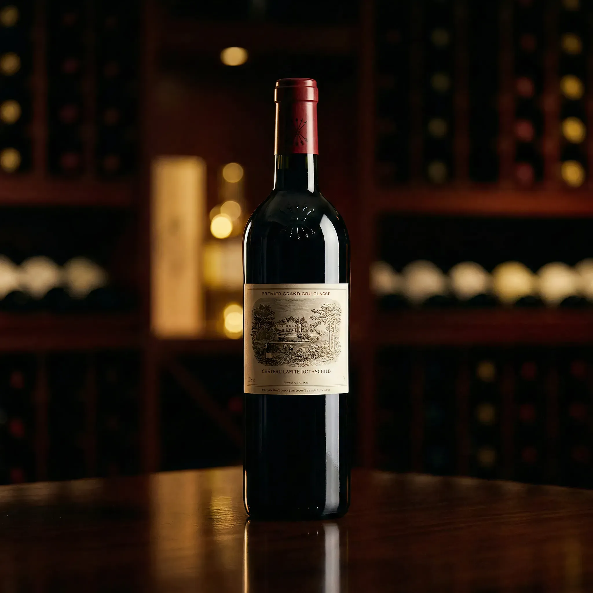 A bottle of red wine with a classic label stands on a wooden table, set against the backdrop of a warmly lit wine cellar with rows of bottles.