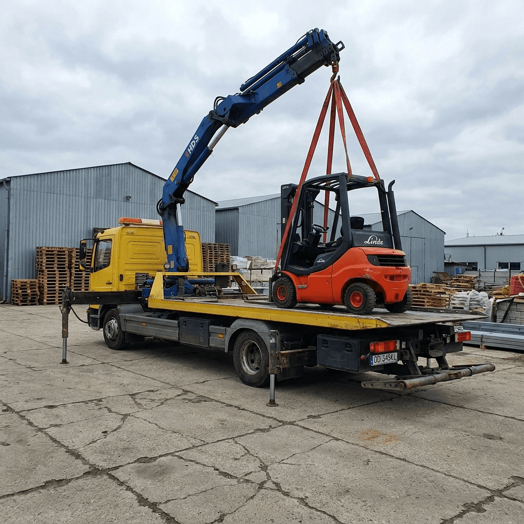 załadunek minikoparki na lawetę za pomocą dźwigu HDS Mago Car