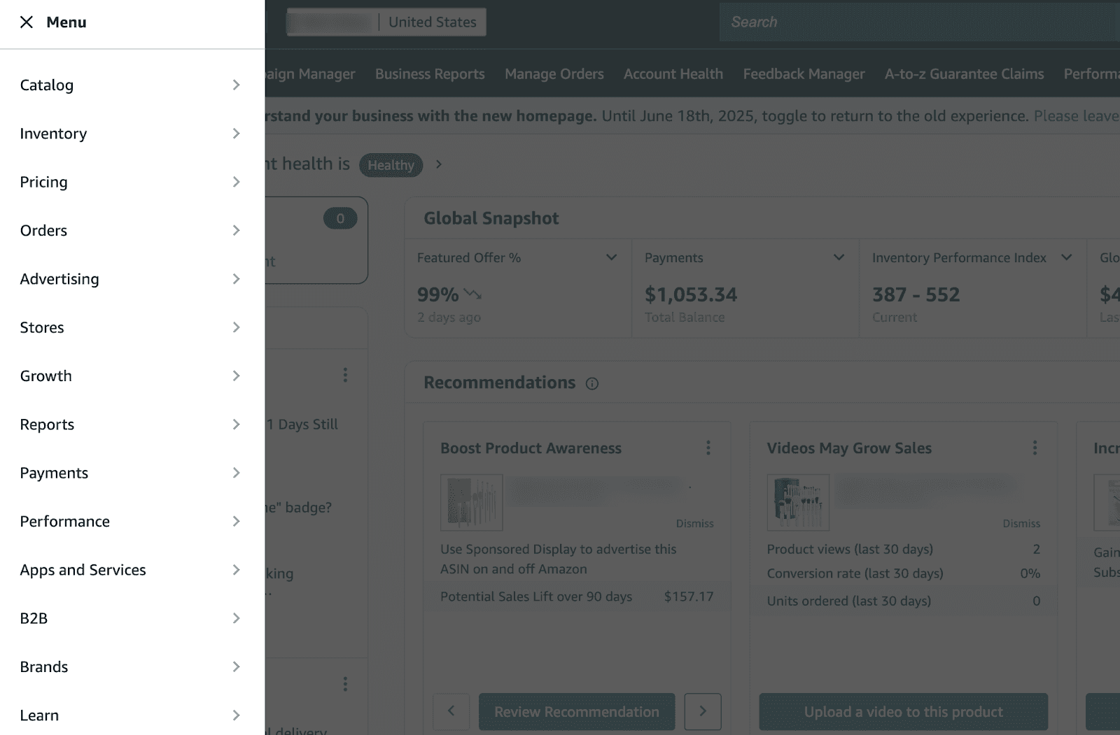 Amazon Seller Central dashboard
