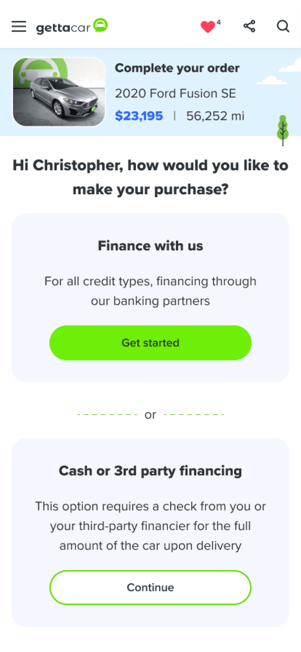 Checkout flow - apply for a loan or pay with cash or 3rd party financing