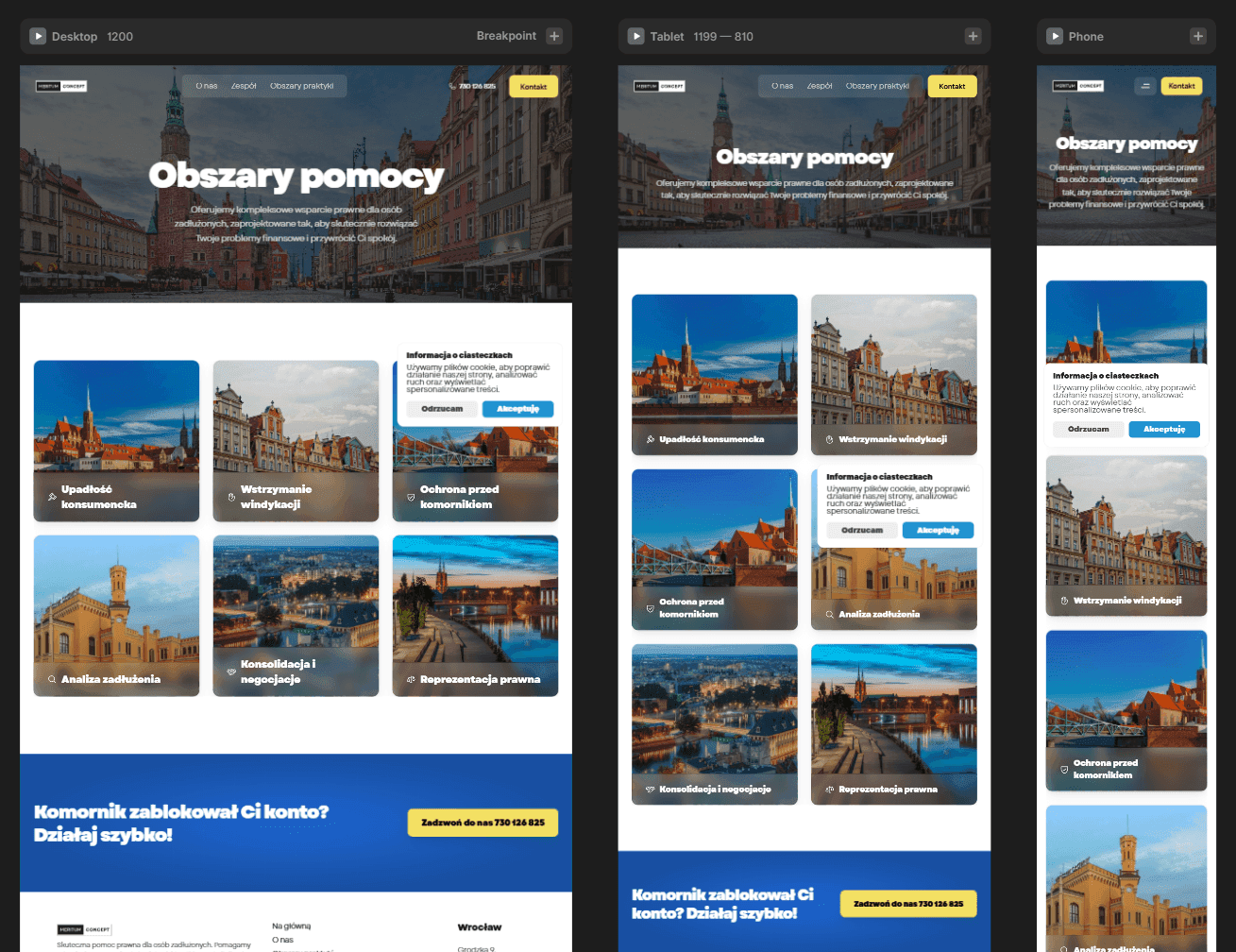 Prezentacja responsywności projektu strony internetowej na różnych urządzeniach. Widok witryny dostosowany do ekranów komputerów tabletów oraz telefonów komórkowych.