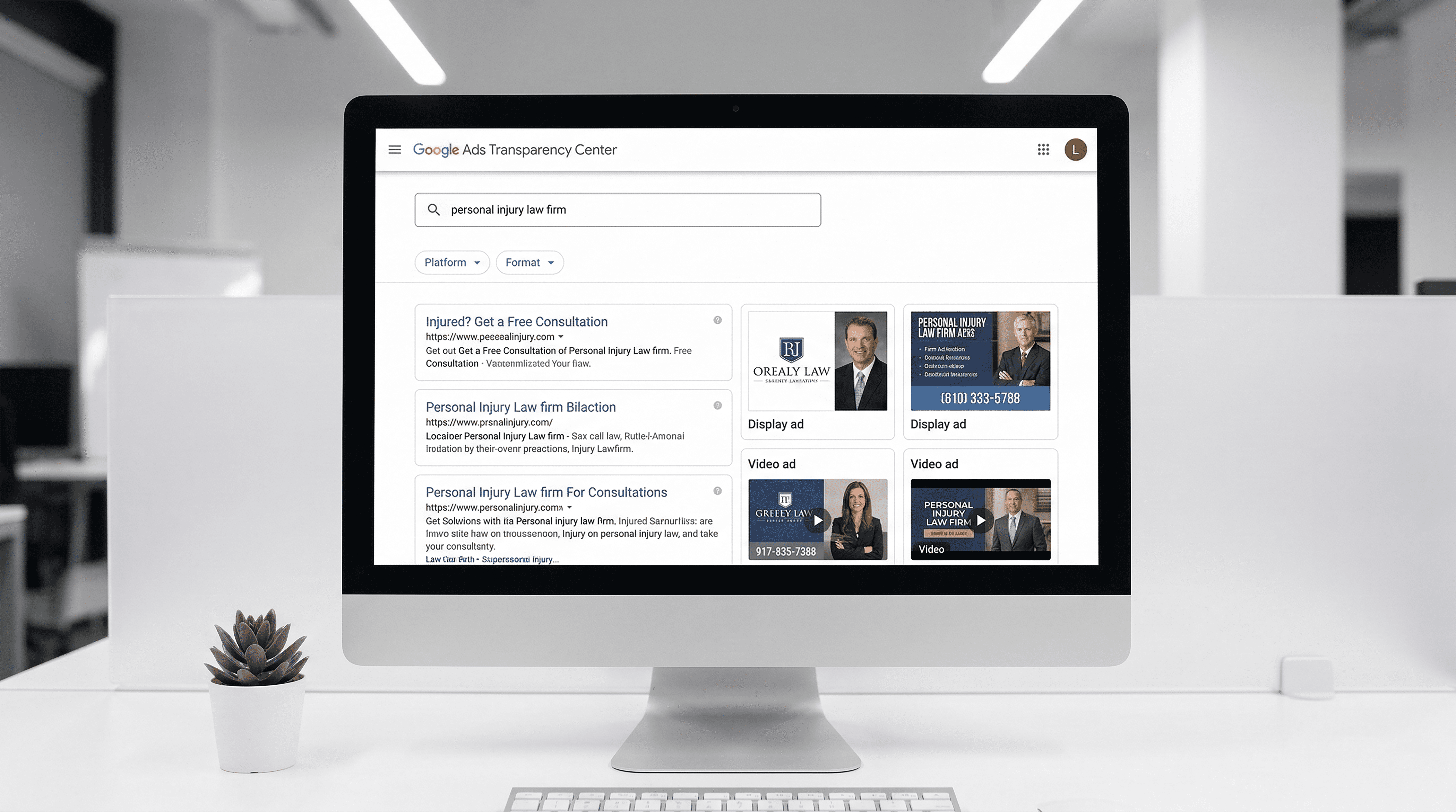 Desktop monitor showing Google Ads Transparency Center results for personal injury lawyer ads.png