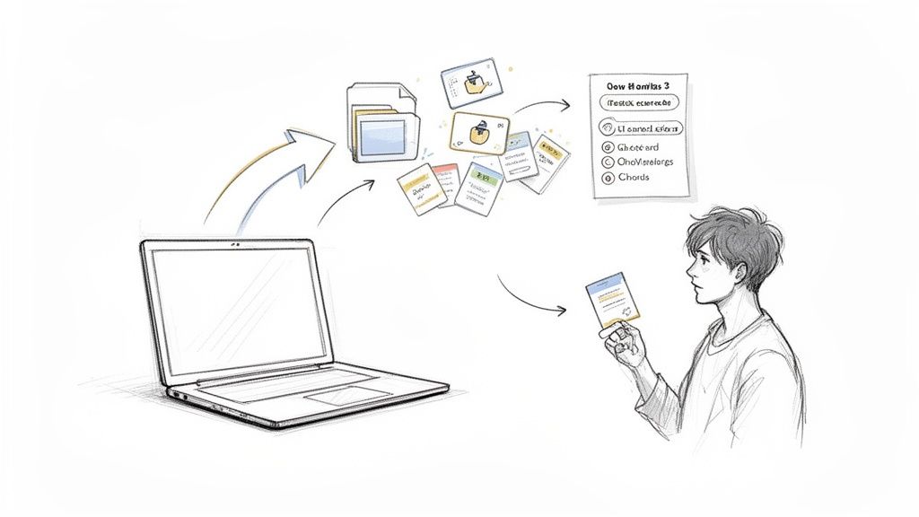 Digital content from a laptop transforms into organized files and flashcards for a person.