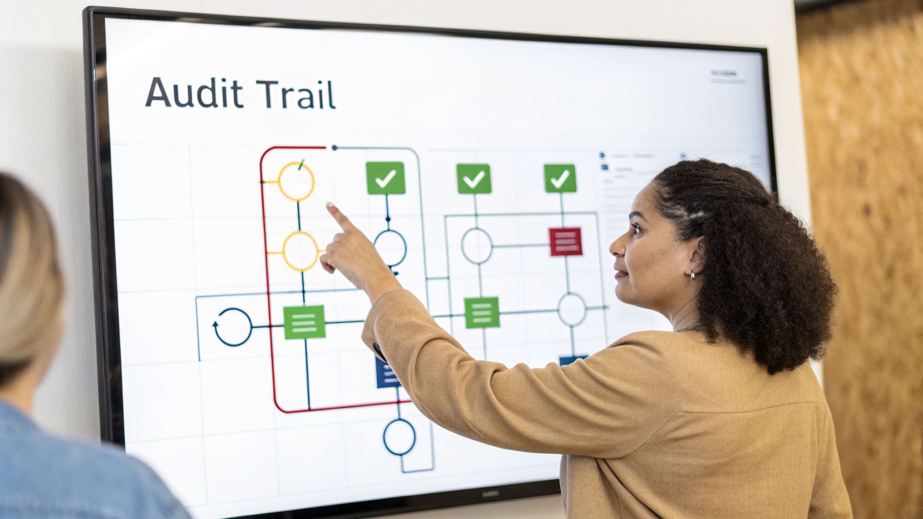 Woman pointing at a digital screen displaying an 'Audit Trail' flowchart with green checkmarks.