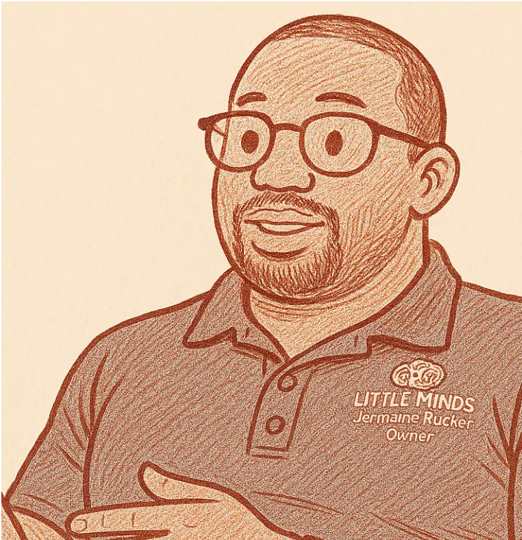 Hand-drawn portrait of Little Minds owner Jermaine Rucker in a red polo