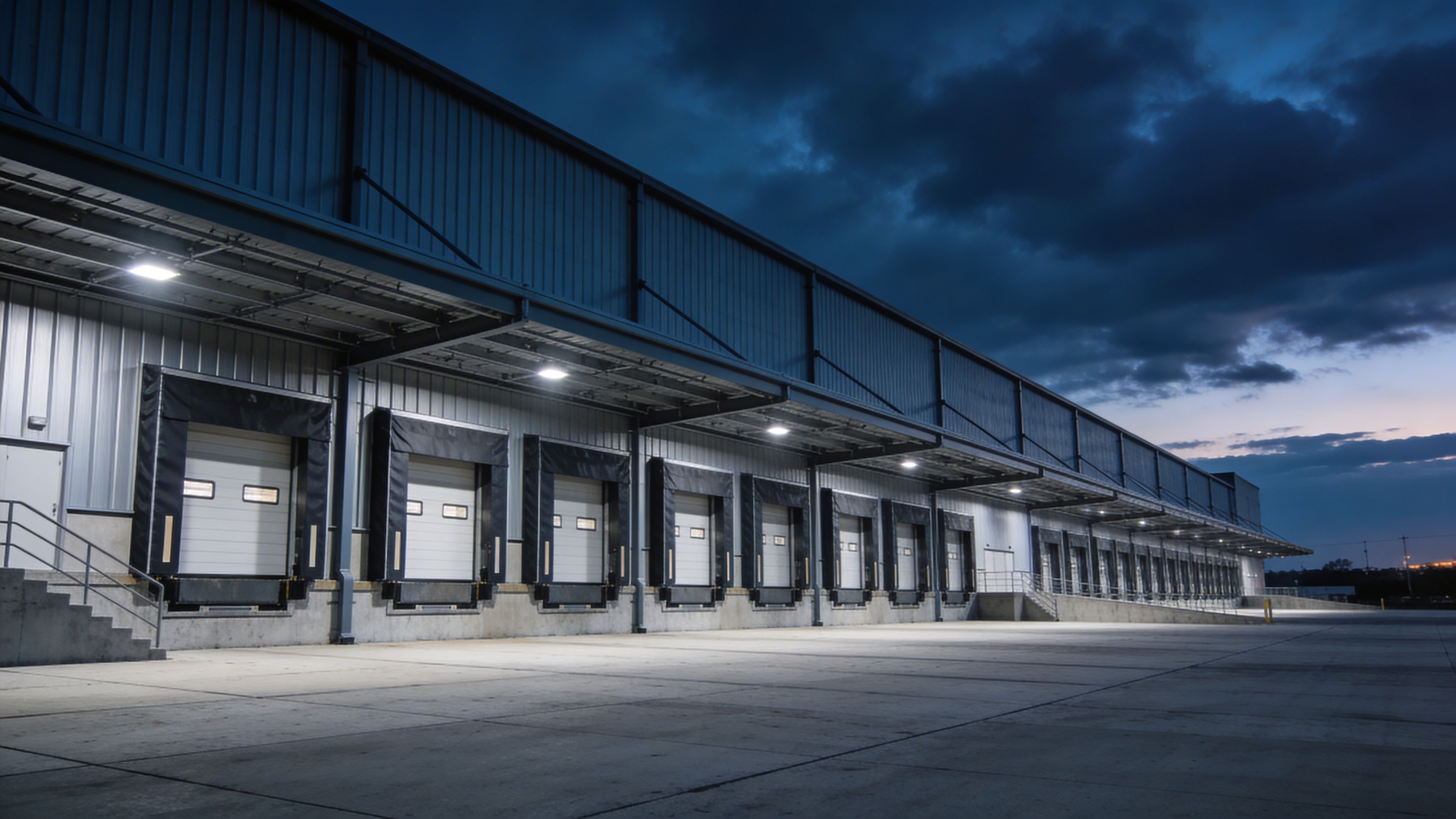 Large industrial warehouse loading dock with multiple bays under evening sky
