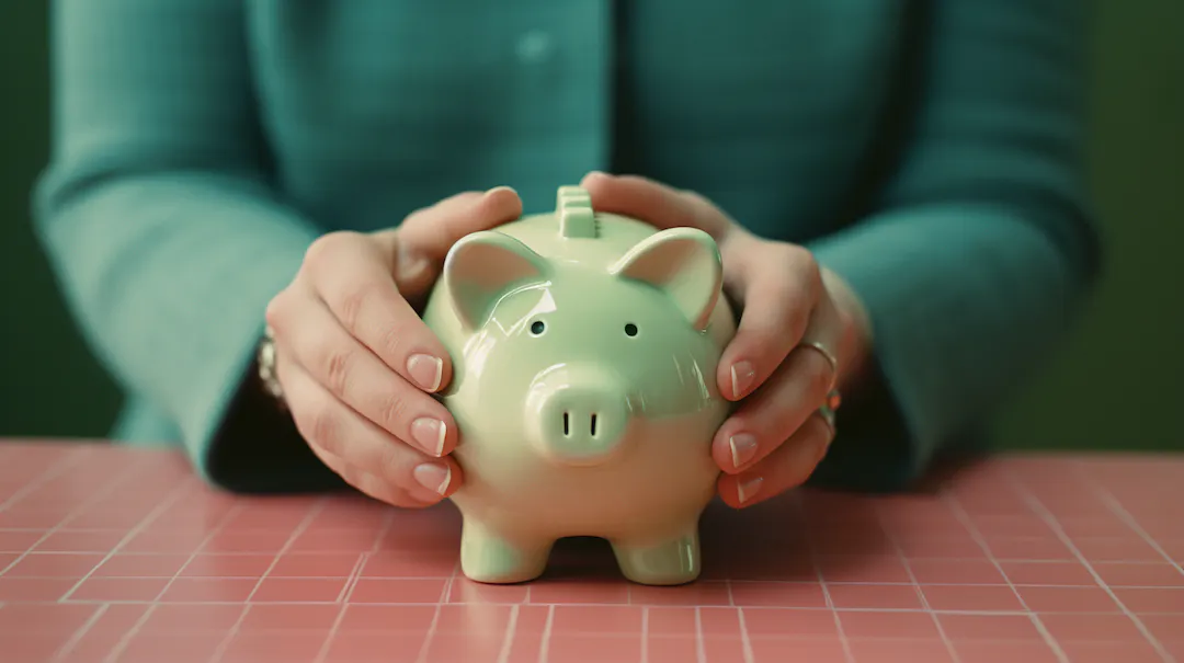 A man holds a green piggybank