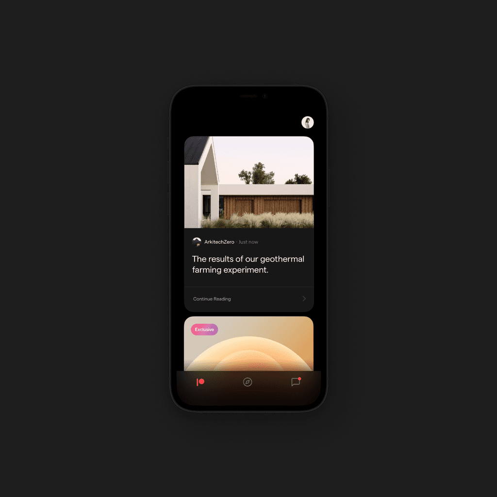 Facebook creator platform mobile app feed with content cards and architecture photography, UI design by Michael Novia