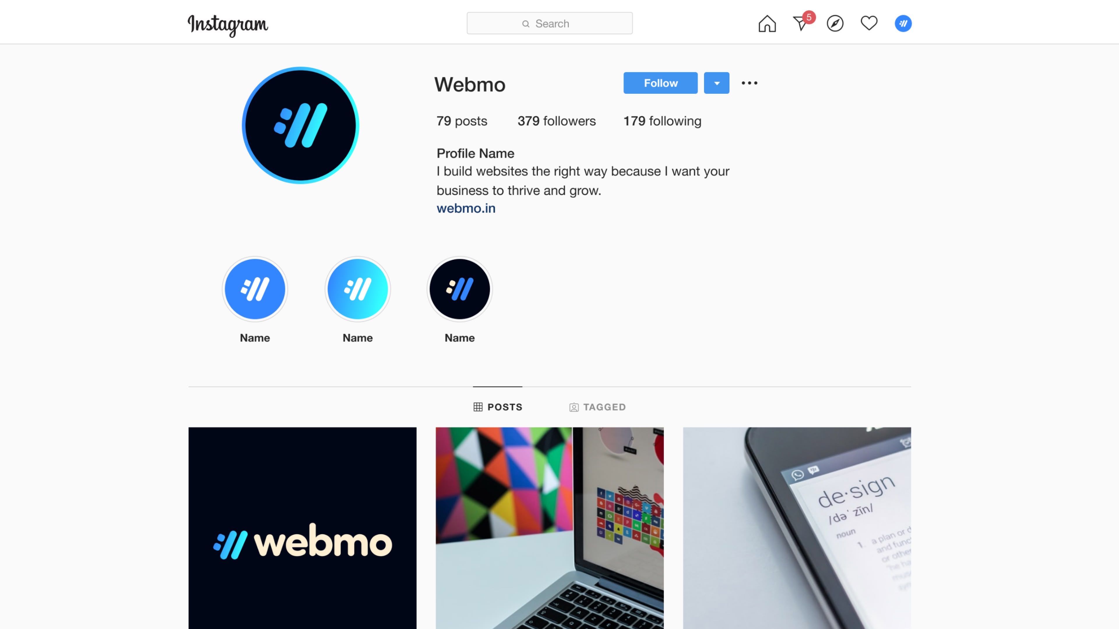 A mock-up of an Instagram account showing the WebMO logo in different various colors, focusing on blue to light blue. 