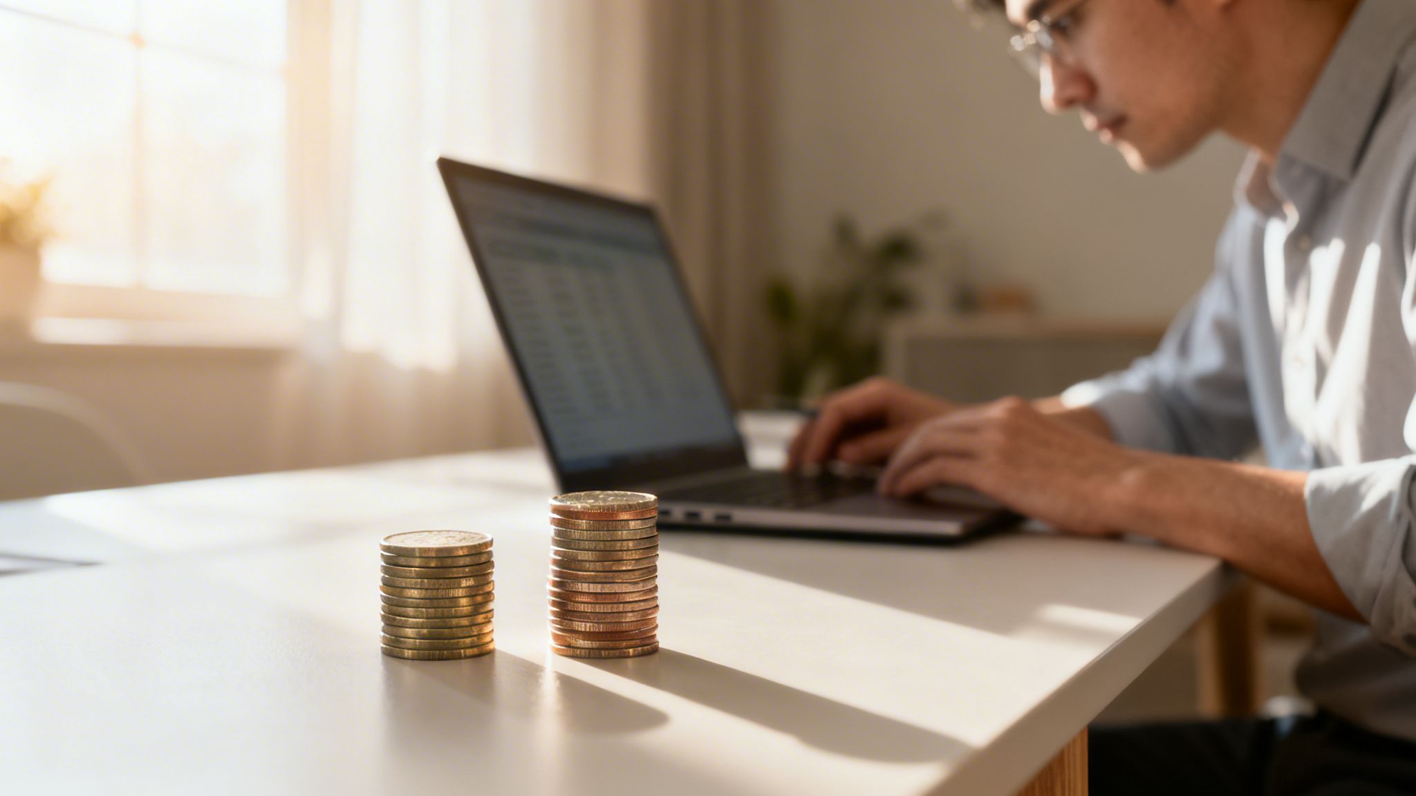 En person arbetar på en bärbar dator med staplade mynt på skrivbordet i förgrunden.
