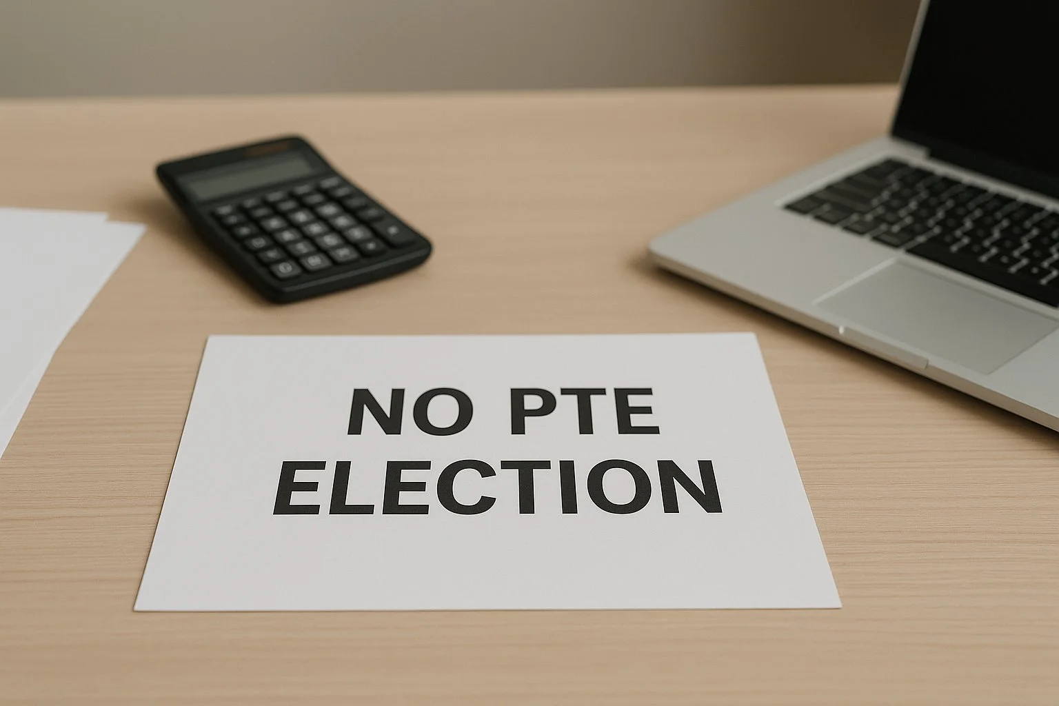 Empty business desk with papers labeled “No PTE Election,” a calculator, and a laptop, in muted colors, visually conveying the absence of options.