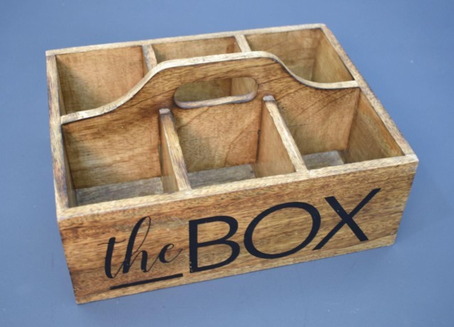 Wooden cutlery organizer box with compartments and handle