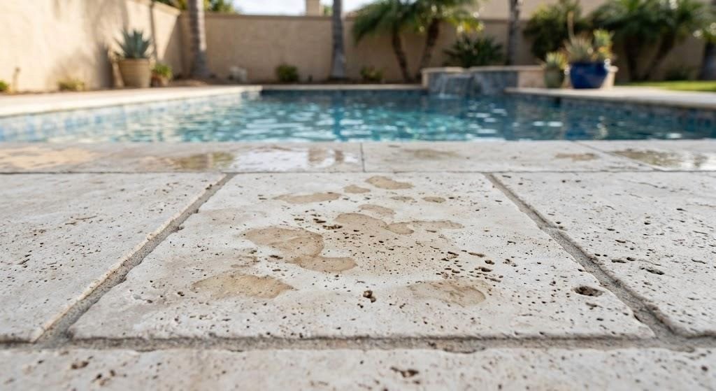 travertine pool deck beside a swimming pool