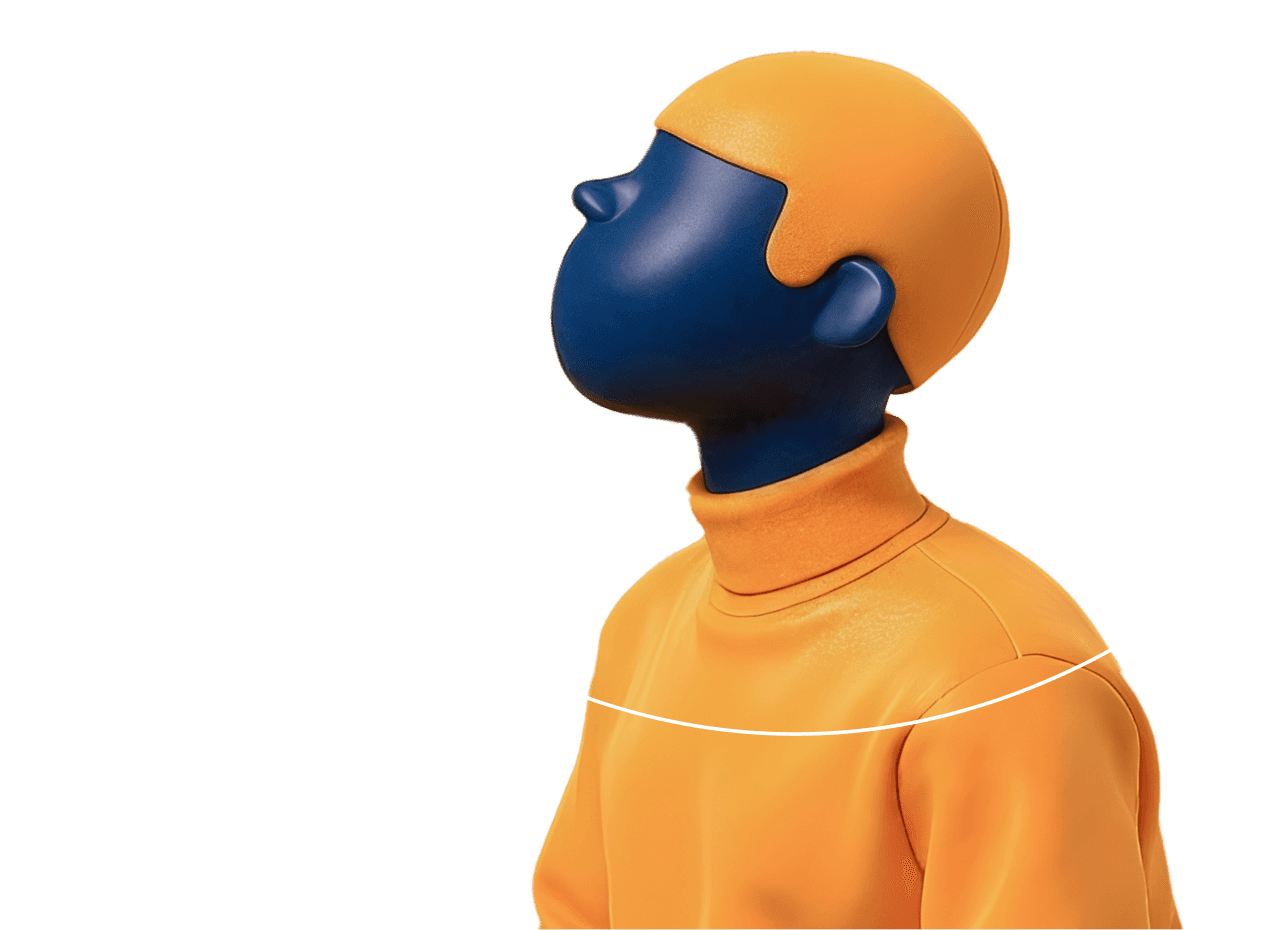 This image features a stylized abstract sculpture of a person with a dark blue face and an orange outfit, set against a gray background with curved white lines for an artistic and modern aesthetic.