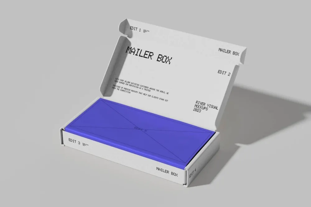 A minimalistic mailer box mockup with a clean white exterior, featuring bold black pixel-style text. The box is open to reveal a vibrant blue package inside, set against a light gray background.