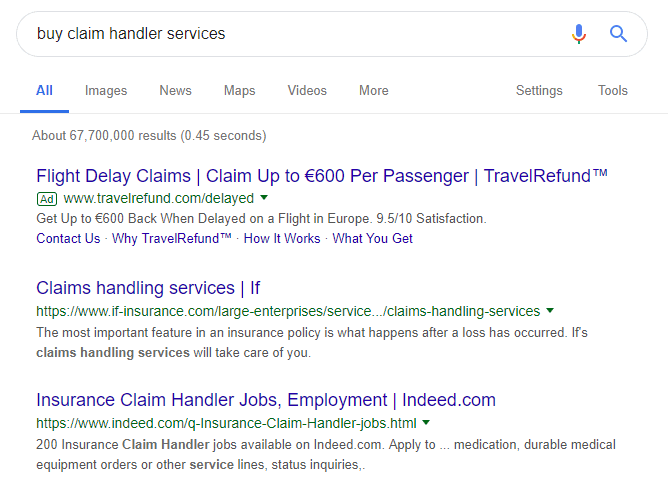 Screenshot with search results returned by a commercial query on Google