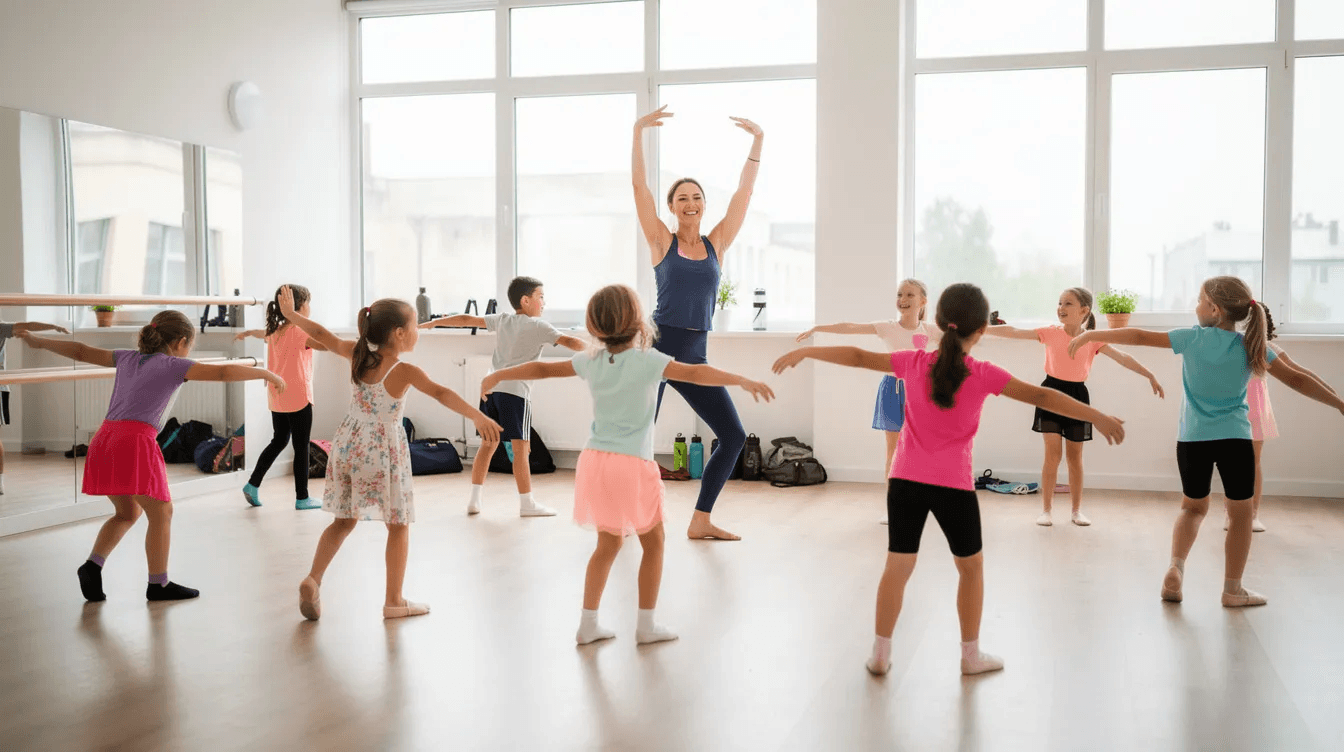 A group of children is energetically participating in a warm-up session in a bright dance studio, guided by an instructor. The atmosphere is lively and encouraging, reflecting a positive environment for learning and growth in their dance skills.