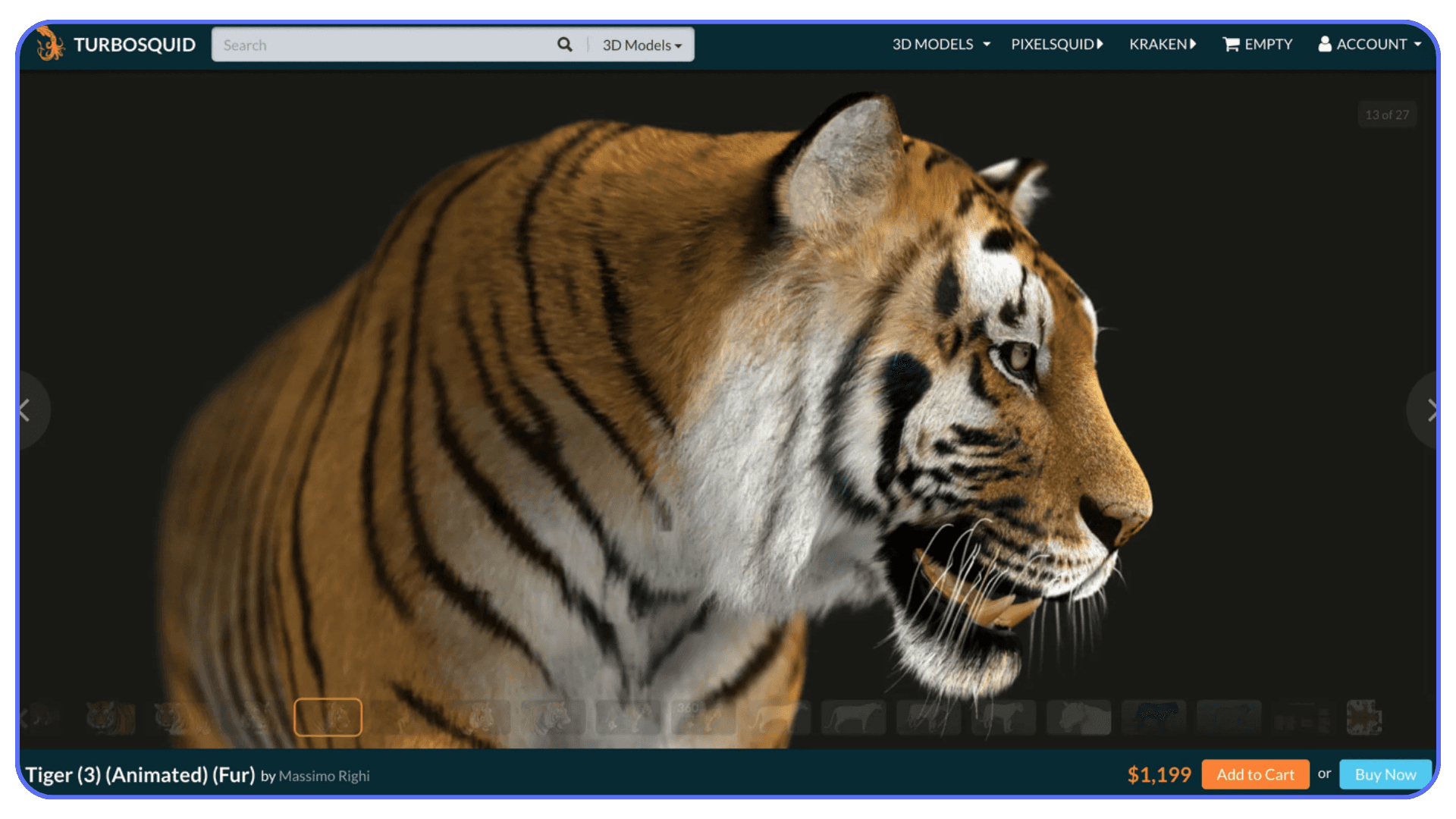 High detail animated tiger 3D model with realistic fur displayed on the TurboSquid product page.