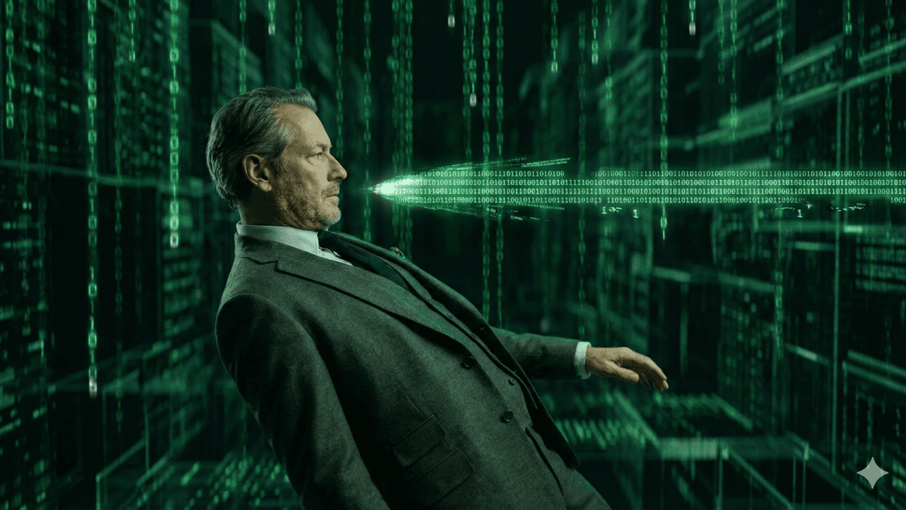 Homme en costume assis dans un décor numérique sombre, traversé par des flux de données verts.
