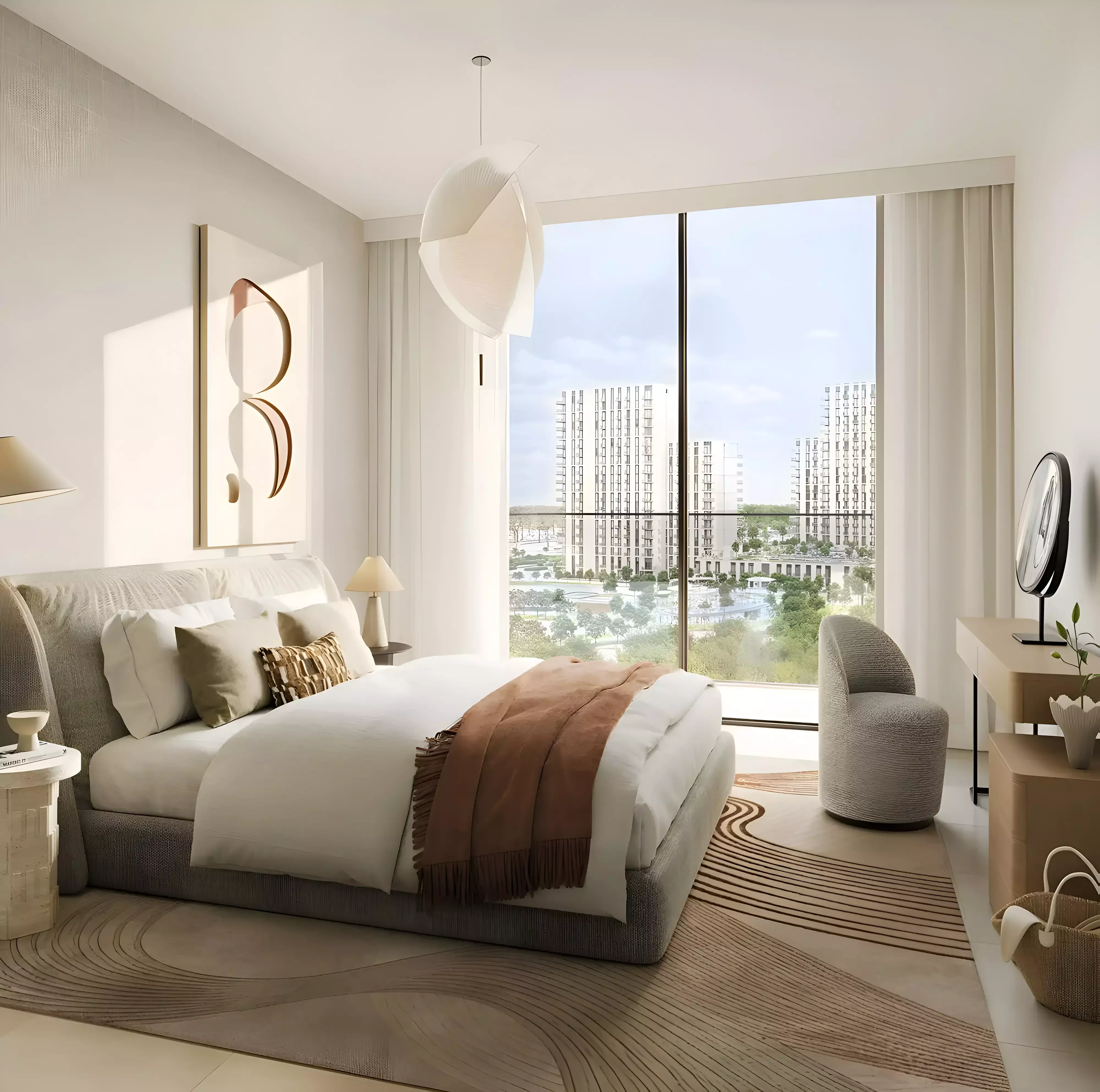 Minimalist bedroom with large windows overlooking the Emaar Parkwood residential community