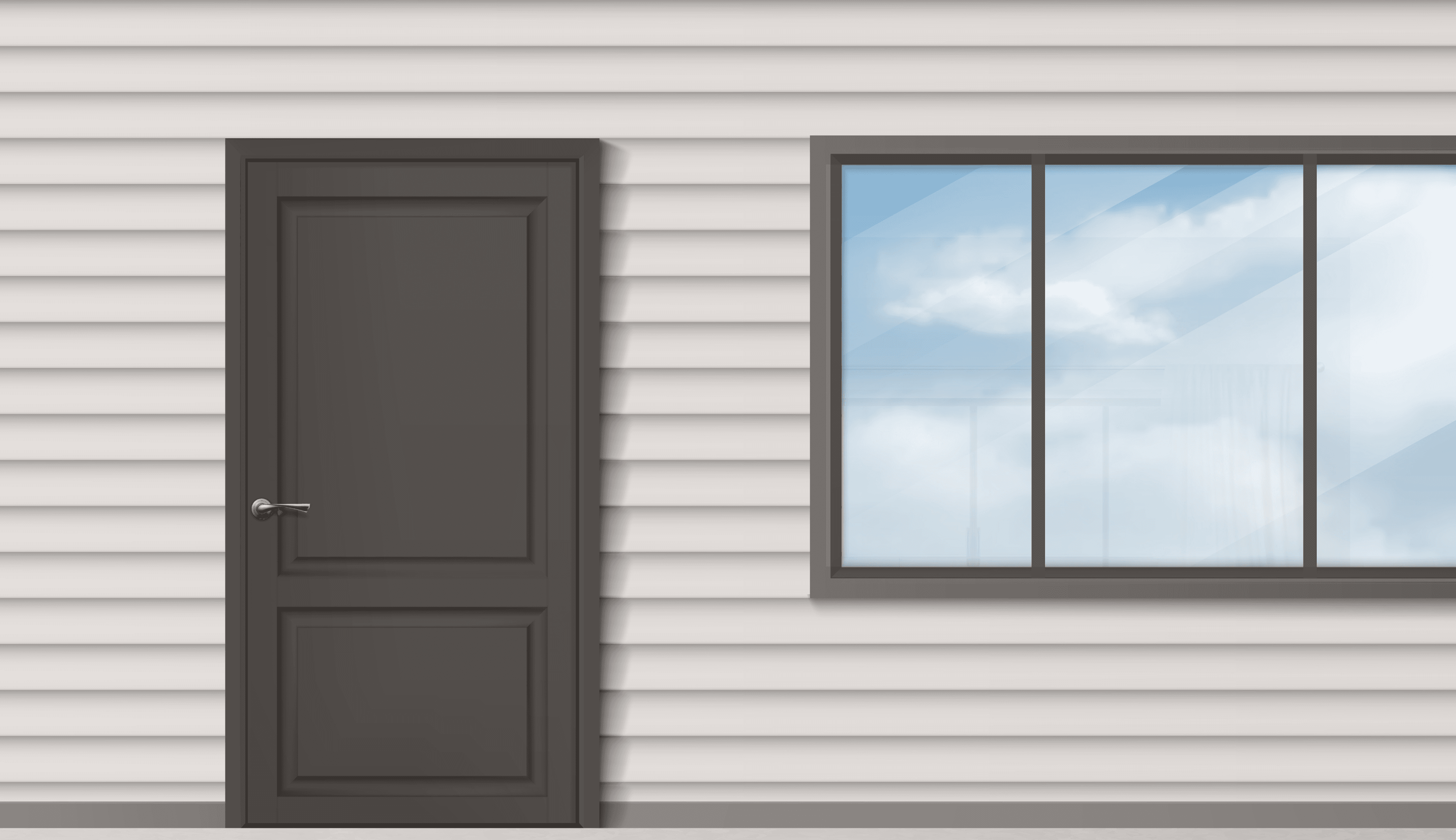 An exterior view of a house featuring a dark gray door on the left and a large window on the right, reflecting a blue sky with clouds.