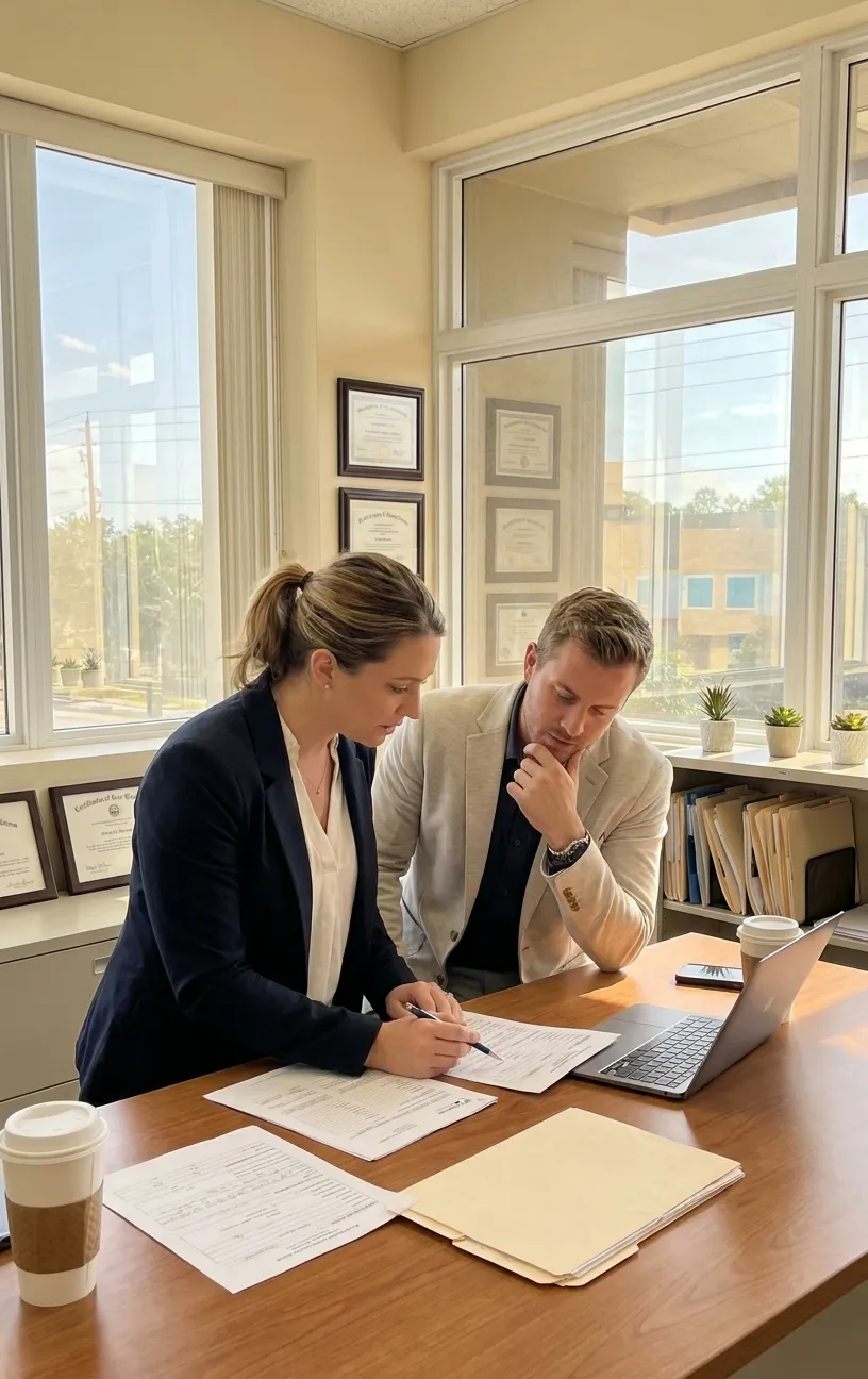 Man at desk reviewing files, RockN' Socials Digital Marketing Agency office.