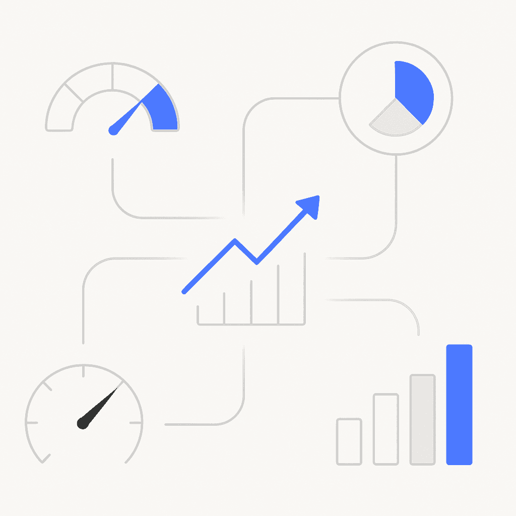 Conceptual dashboard icons depicting identification rate, accuracy, conversion lift and pipeline velocity metrics.