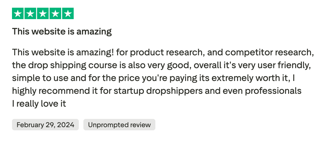 A five-star Trustpilot review for a dropshipping platform