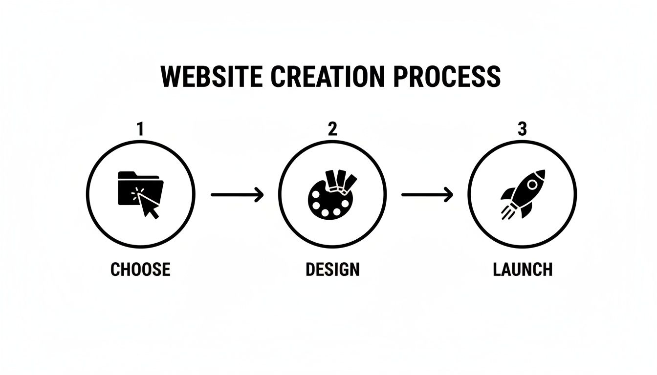 A diagram illustrating the website creation process with three steps: choose, design, and launch.