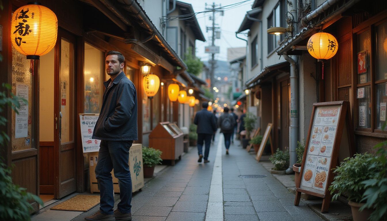 A man examines cafe menus on a bustling Tokyo street lined with charming, weathered storefronts.