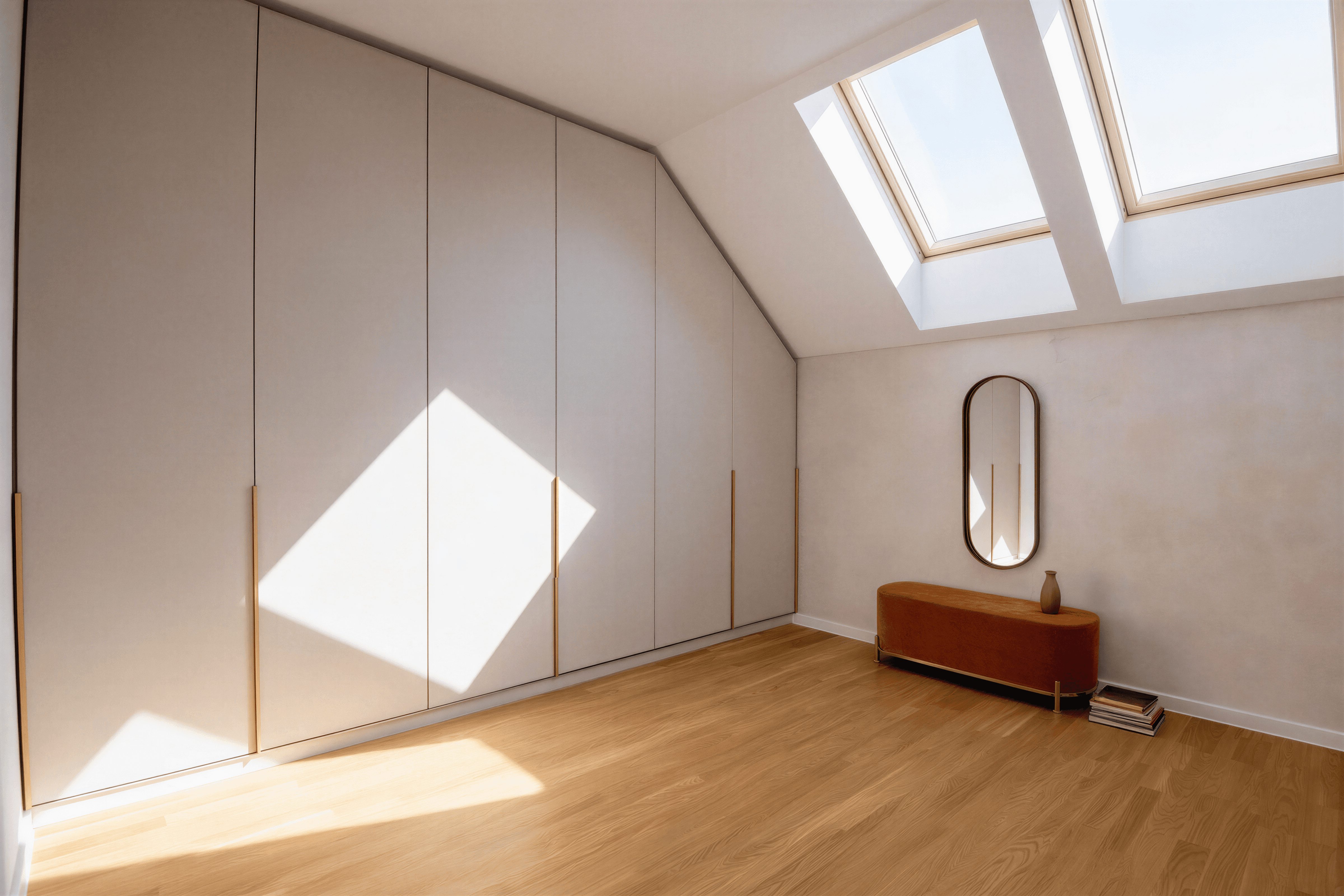 Dressing pe mansardă cu uși mate bej și ferestre Velux, lumină naturală abundentă, podea din lemn.