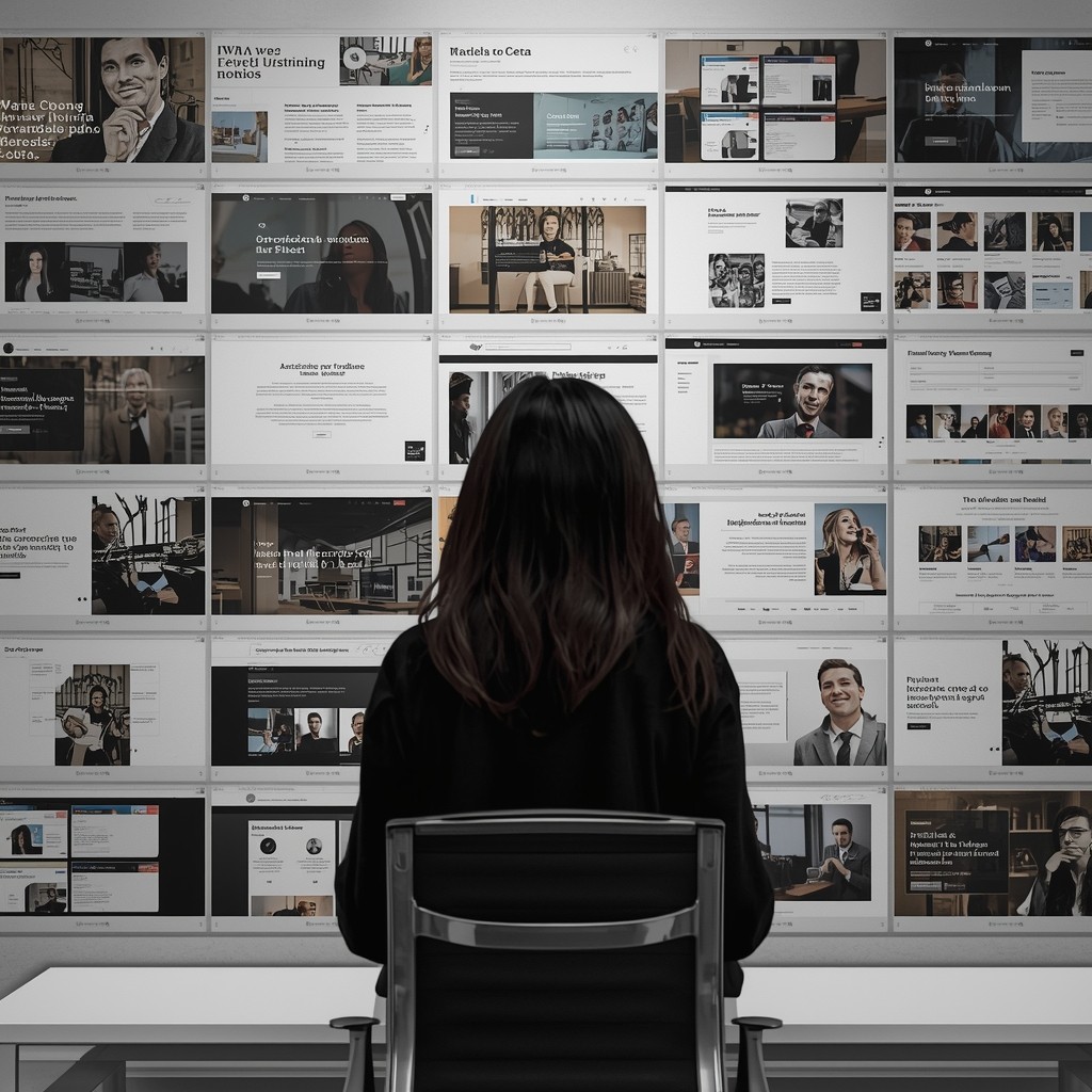 A person in a white outfit sits on a round stool in a spacious, minimalist room. The wall is covered with framed photos surrounding a large screen, creating a serene, contemplative atmosphere