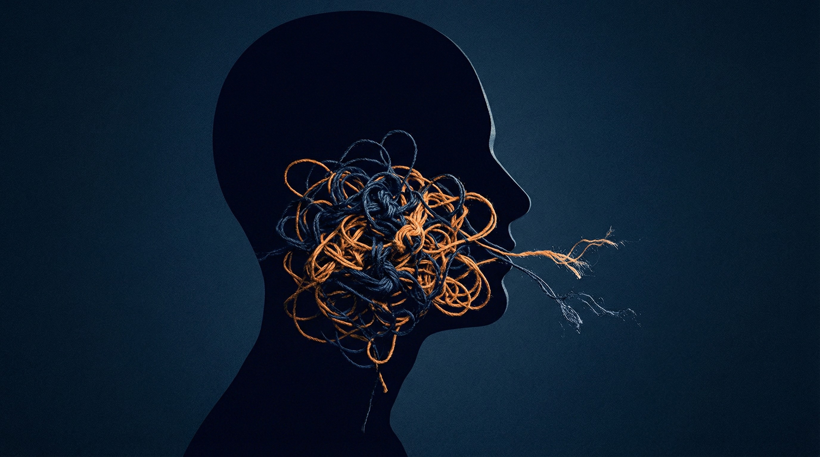 A dark silhouette of a human head in profile with tangled orange and blue threads knotted inside the throat, unraveling into frayed strands toward the mouth — a conceptual illustration of Broca's Aphasia and expressive speech difficulty.