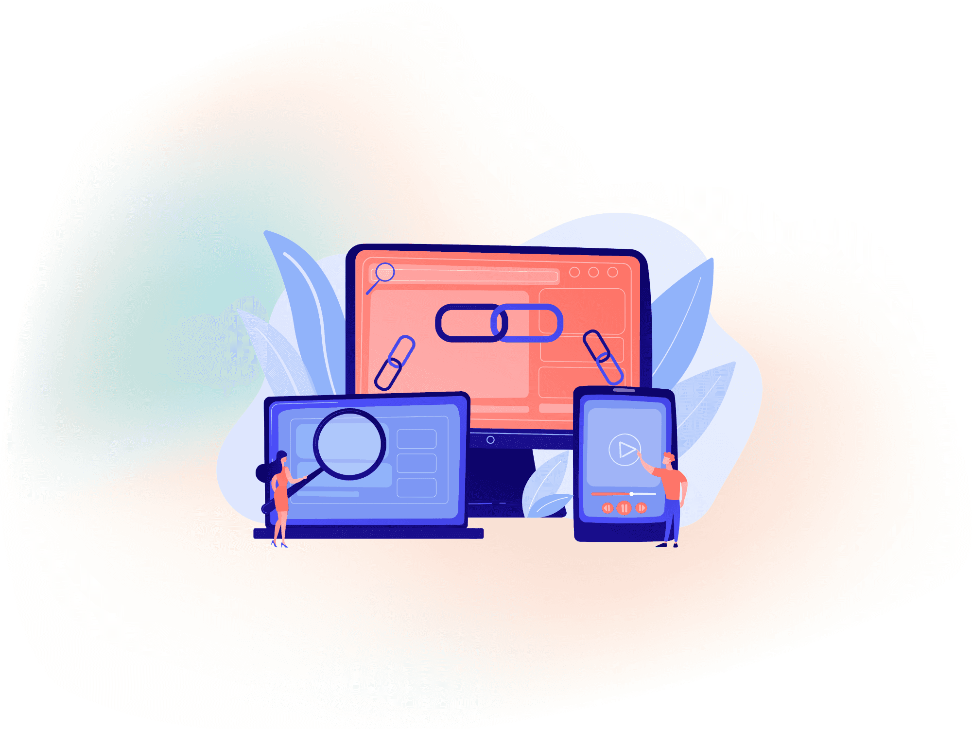 Illustration of a desktop, laptop, and mobile device connected by chain link icons, with two people navigating content, representing accessible hypertext links and cross-device navigation.