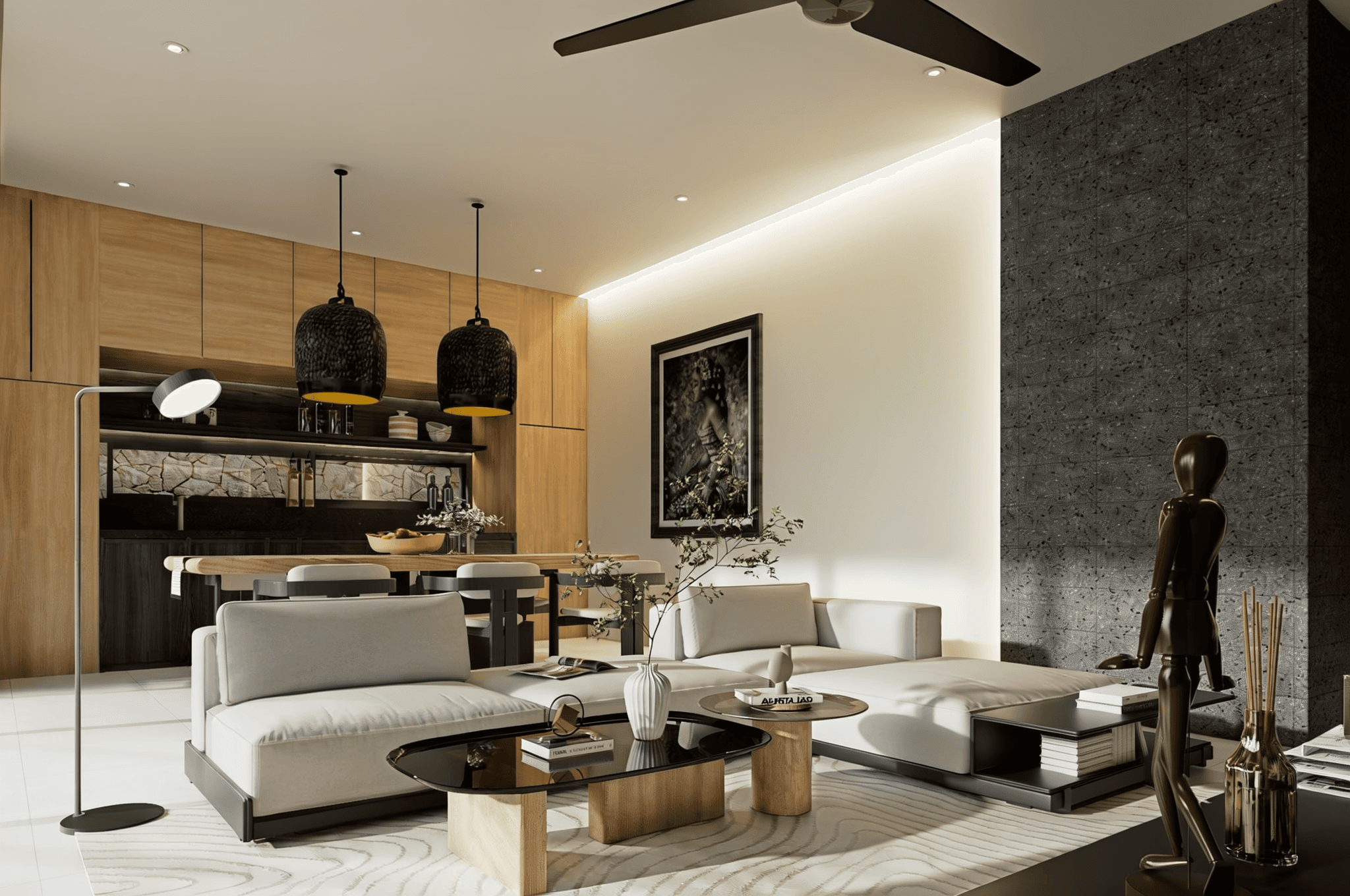 Contemporary interior of Ungasan I featuring a stylish living room and kitchen for luxury living in Bali.
