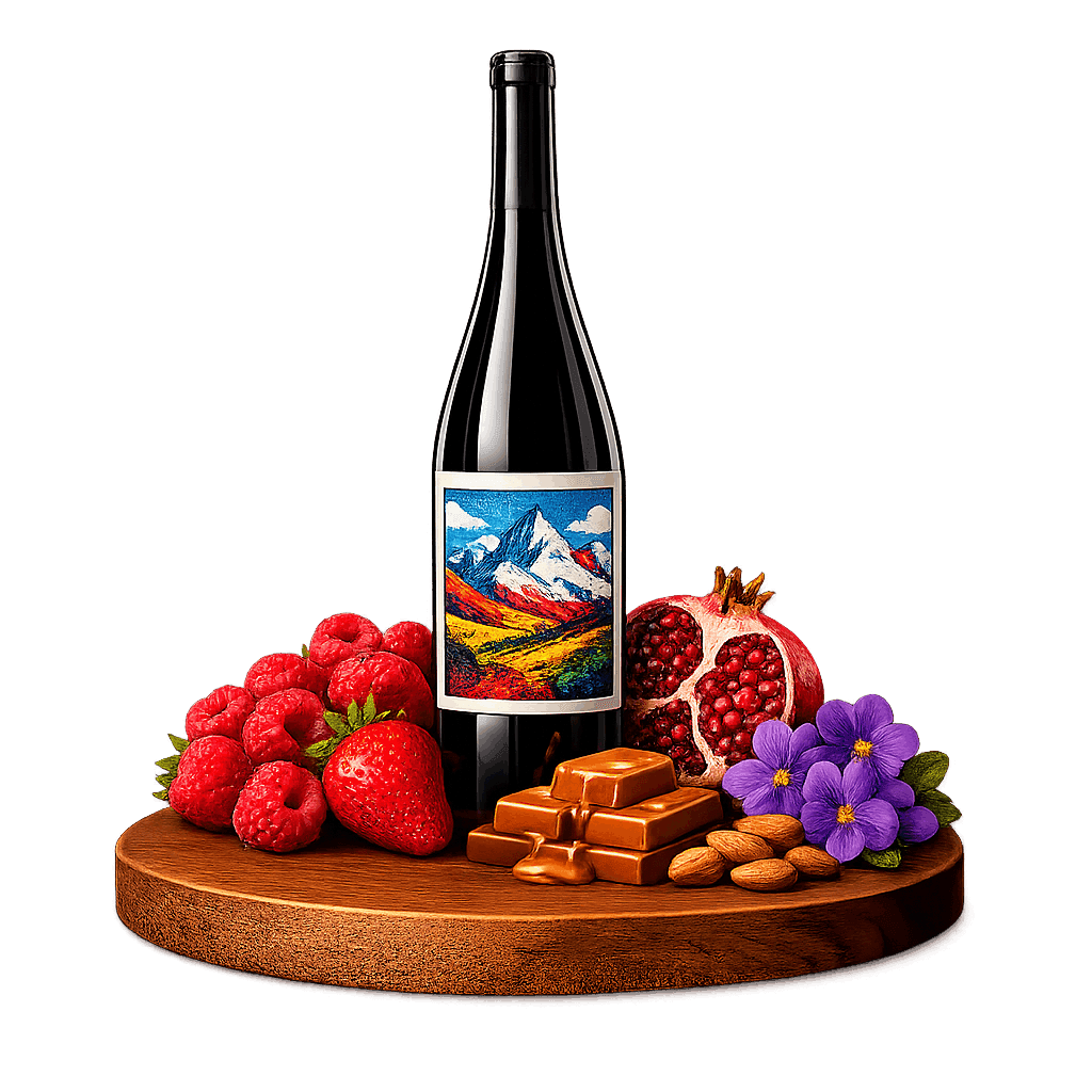 Artistic label and flavor profile for Racha Khvanchkara Red on a rustic wooden table.