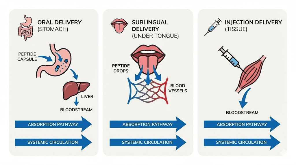 Comparison of sublingual, oral, and injectable peptide delivery routes