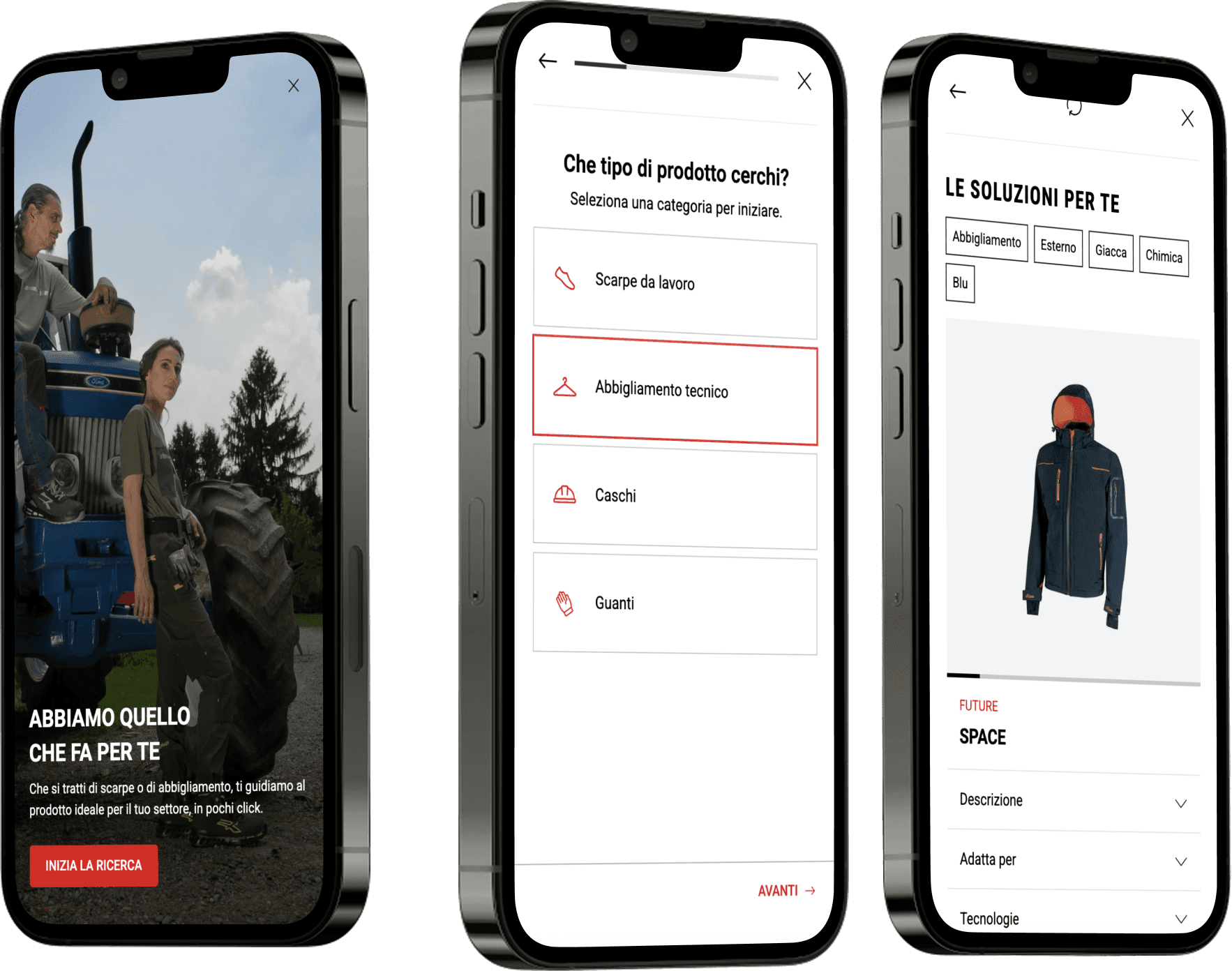 Alcuni dei passaggi su mobile della funzionalità 'Product Finder', come la selezione della categoria di prodotto e la proposta di prodotti alla fine del funnel